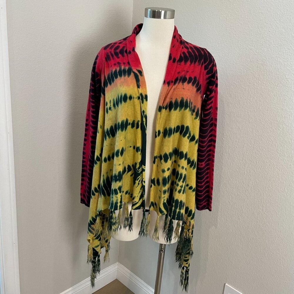 Akualani Womens Small Tie Dye Hippie Boho Open Cardigan Fringe Hem‎